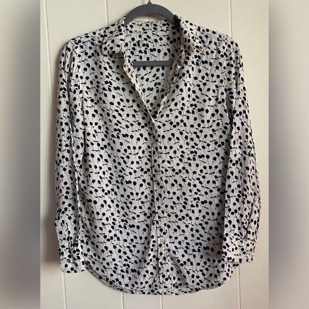 Blouse Women’s Medium White Button Up Black Floral Silky Business Casual